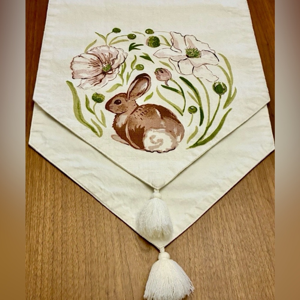 Ivory Table Runner w/ Tassels In the Flower Patch Rabbit Cottagecore Farmcore